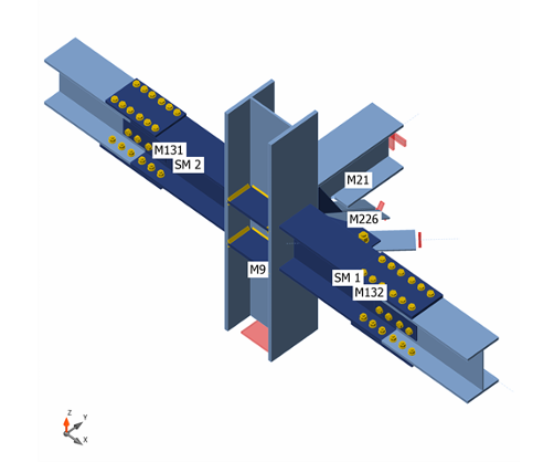 Nudo complejo con vigas, placas y elementos etiquetados, en IDEA StatiCa Connection