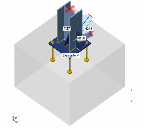 Placa base con pernos de anclaje y diagonal, sobre un bloque de hormigón, en IDEA StatiCa Connection