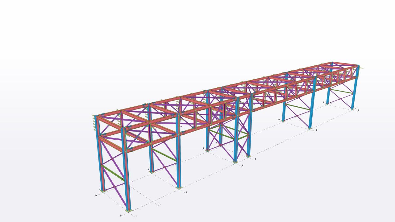 Modelo 3D en Tekla Structures de un parral de cañerías con pórticos, celosías y arriostramientos
