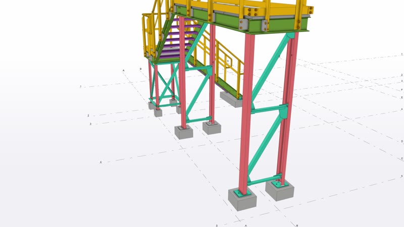 Pilares, arriostramientos y bloques de cimentación de una plataforma en Tekla Structures