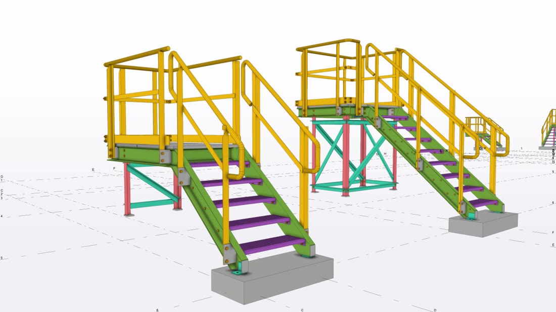 Dos plataformas metálicas con escalera, barandillas y estructura de soporte en Tekla Structures