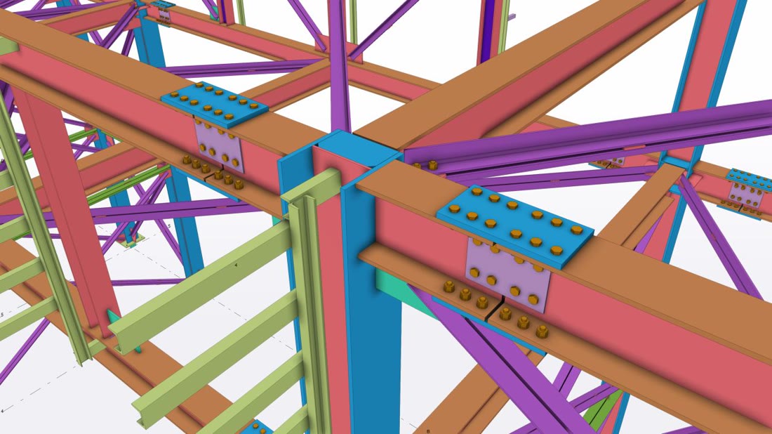 Nudo complejo con vigas, placas de empalme y múltiples barras en el modelo de Tekla Structures