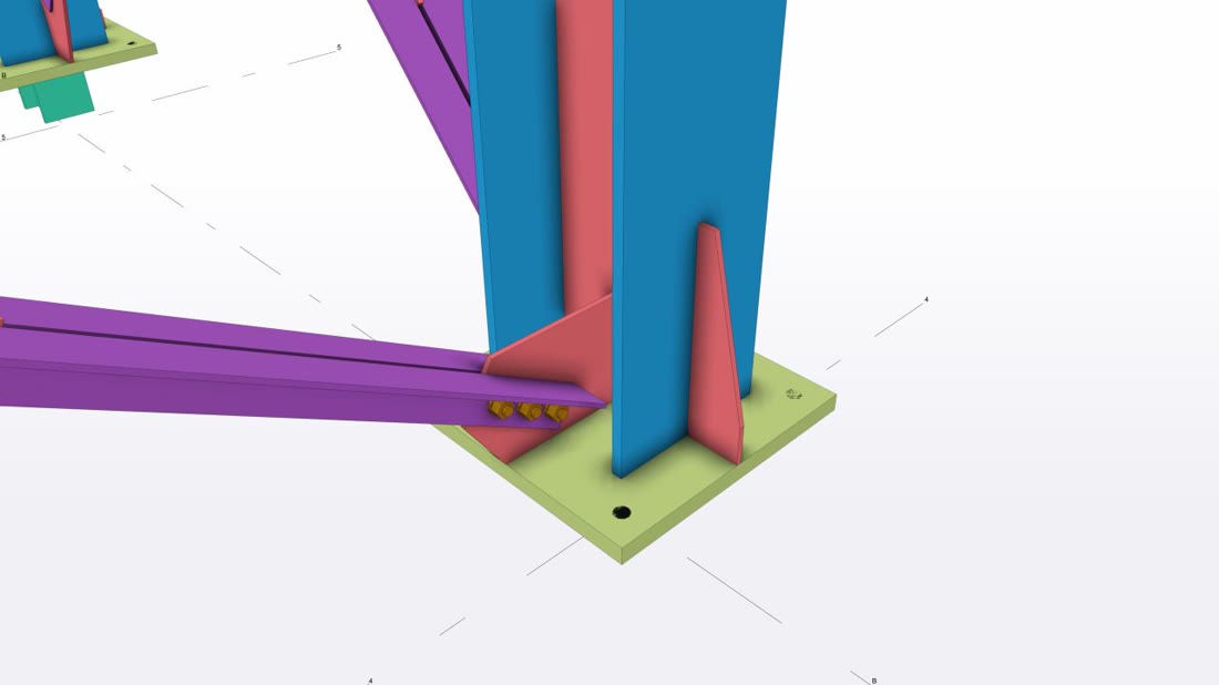Placa base con nervios y diagonal atornillada en el modelo de Tekla Structures