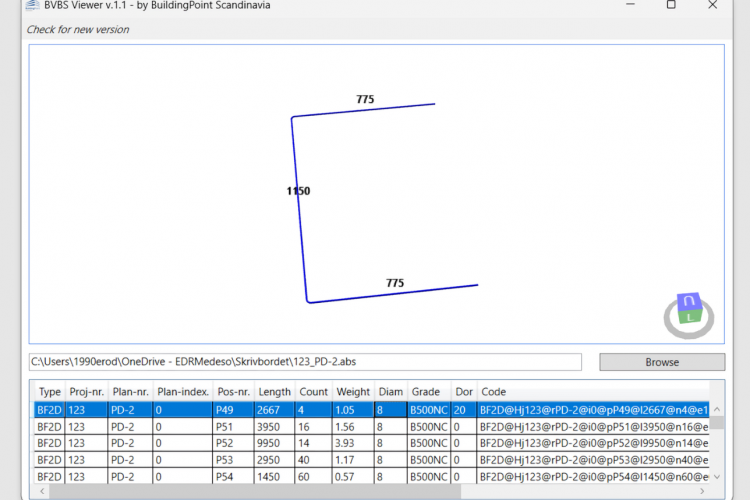 Vista 3D de una armadura doblada con sus longitudes acotadas en BVBS Viewer